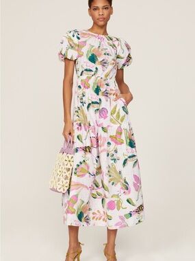 Floral Open-Back Puff Sleeve Midi Dress in Pink
